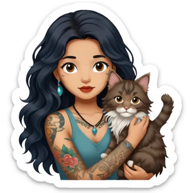 a Chinese girl with long black  Big waves and long hair and tattoos and brown Maine coon sticker