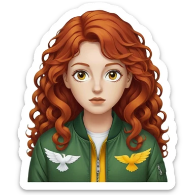 white female with long curly red brown hair, white pieces of hair at the top and in the front that frame her face, thinner eyes with a small wing eyeliner, wearing a dark green bomber jacket with a yellow long sleeve underneath  sticker