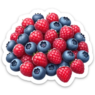 small mix of whole frozen berries including raspberries, strawberries, blueberries, redcurrants, coated with a light frost layer, slightly muted colors and icy sparkle, loosely clustered or lightly scattered, no bag, bowl, or garnish, just the fruits, soft lighting, subtle shadows, emoji scale sticker
