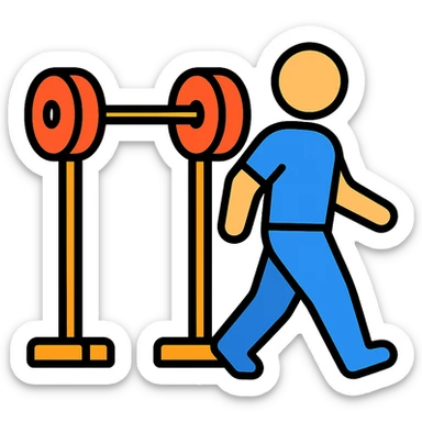 playful bold stylized icon of a person walking away from a squat rack, fitness context sticker
