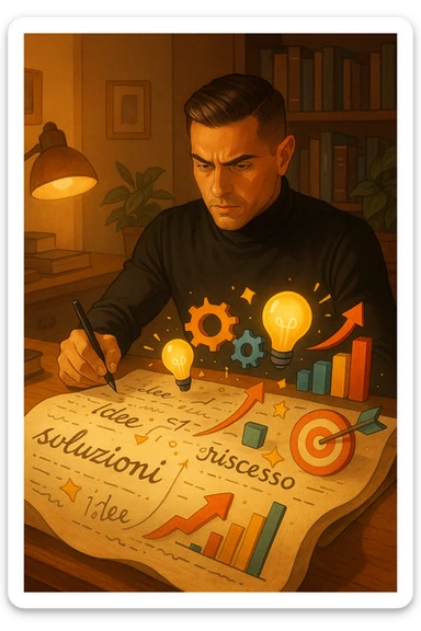 Un uomo concentrato, seduto alla sua scrivania in una stanza con luce calda, sta scrivendo su un enorme foglio di carta che si espande magicamente davanti a lui. Mentre scrive, le parole si trasformano in elementi visivi tridimensionali che rappresentano le soluzioni ai suoi problemi in italiano sticker