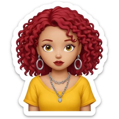 generate a pretty bratz girl with an oversized yellow tshirt falling off her shoulders, wearing a silver dainty necklace, curly dark red hair sticker