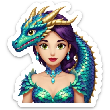 Am amazing blend of a half dragon woman with glittering jeweled scales covering her body. She has large almond shaped eyes, lush lips, and she wears a stunning luminescent gown. sticker