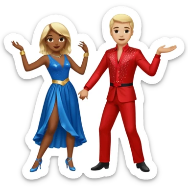 Two people dancing. A man wearing red with light skin and blonde hair. A women wearing bue with dark skin and brown hair. sticker