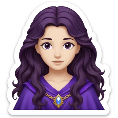 Libera from Olympus Gods with long dark brown wavy hair, dark purple stola sticker