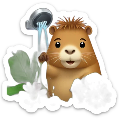 Un capybara avec son téléphone sous la douche qui utilise une fleur de douche sticker