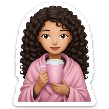 hispanic woman, deep tan skin, black long 3b curls, closed eyes, feminine face, holding soft pink coffee cup with beige blanket over shoulders sticker