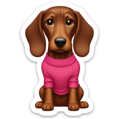 Brown Dackel in a red pullover with pink bone in mouth sticker