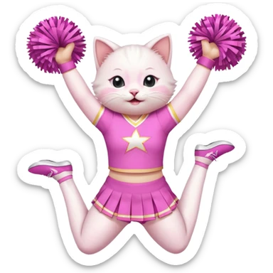 A cute chubby white kitten cheerleader in pastel uniform jumping in cheer pose. sticker
