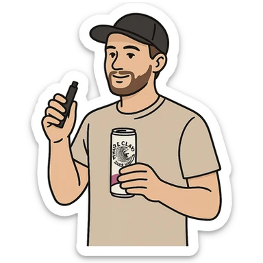 a man wearing a t-shirt and a baseball hat, holding a can of White Claw and a vape, simple clear style sticker