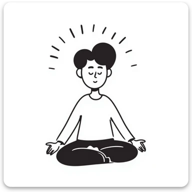 A person in a peaceful meditation pose with small waves of calmness radiating outward, representing mindfulness and stress relief. Simple hand-drawn doodle style. sticker