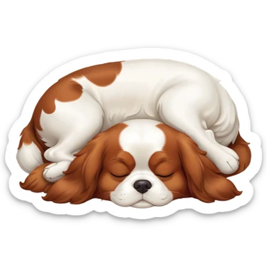 Cinematic Meme-Worthy Chubby Sleeping Cavalier King Charles Spaniel Portrait Emoji, Head resting peacefully with a contented smile, showcasing a delightfully chubby build and a luxuriously soft coat of chestnut and white, eyes shut in a serene nap, Simplified yet hilariously adorable features, highly detailed, glowing with a soft, drowsy light, high shine, relaxed and utterly lovable, stylized with an air of playful laziness, bright and heartwarming, soft glowing outline, capturing the essence of a comically sleepy Cavalier King Charles Spaniel, so meme-worthy it feels like it could instantly become the next viral sensation of adorable slumber! sticker