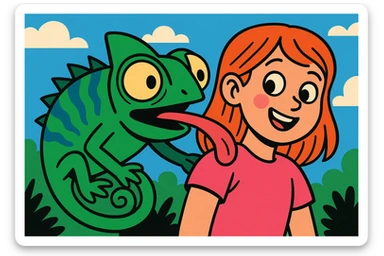 whimsical chameleon with bulging eyes licking a girl's shoulder, comic illustration, cheerful sticker