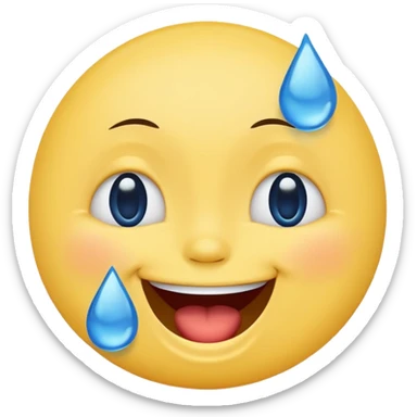 Emoji, yellow round laughing face, blue tears of joy on it. 2 big blue tears on each of the 2 cheeks sticker