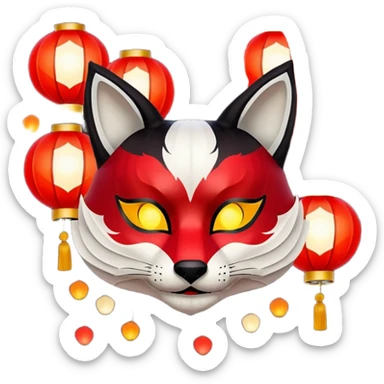 kitsune mask, worn by a festival performer at night, paper lanterns in background, colorful bokeh lights sticker