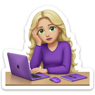 lady with long wavy blonde hair, purple top, green eyes, elbow on desk with hand on face, with a purple mac laptop tears rolling down her face as shes sick. sticker