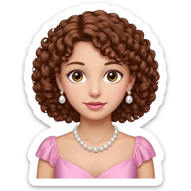 A woman with a brown curly hair and beautiful brown eyes and white skin and pink dress with pearl jewelry sticker