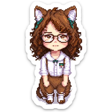 character with brown curly hair, doe eyes, white skin, cat eye glasses sticker