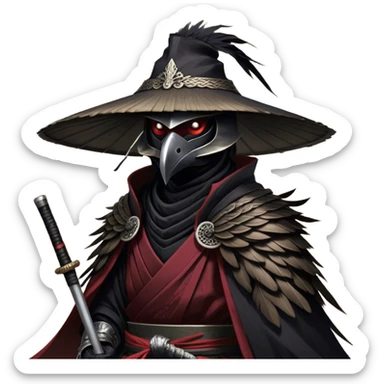 A fierce Kenku samurai with sleek black feathers, piercing crimson eyes glowing under the shadow of his straw hat. His sharp beak is partially covered by a black cloth mask, adding to his air of mystery. He wears layered black and crimson armor, intricate silver engravings etched into the metal plates. A long, tattered cloak billows behind him, worn from countless battles. His clawed hands grip the hilt of a curved katana, its polished blade reflecting the moonlight. Wisps of mist swirl around his taloned feet as he stands motionless sticker