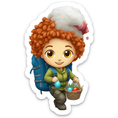 Female winter mountain climber red hair climbing, Greek flag on backpack and holding Easter eggs basket sticker