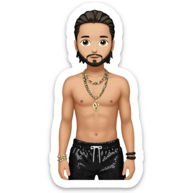Tom Kaulitz with black sequin baggy pants, shirtless with necklace sticker
