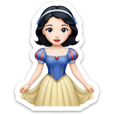 Cinematic Radiant Snow White Portrait Emoji, rendered in a realistic, vector style with clean proportions. Show Snow White with a soft, welcoming smile, delicate porcelain skin, and neatly arranged raven hair, wearing her timeless dress. The image radiates a warm, inviting glow, high shine, and is enhanced by a soft glowing outline that accentuates her gentle beauty. sticker