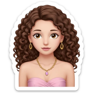 crée moi une jeune fille très belle avec les cheveux bouclés long brune avec un top  sans manche ni brettelles juste un 'bandeau' de couleur rose clair avec un peu de maquillage et des beauxcils un collier en or sticker