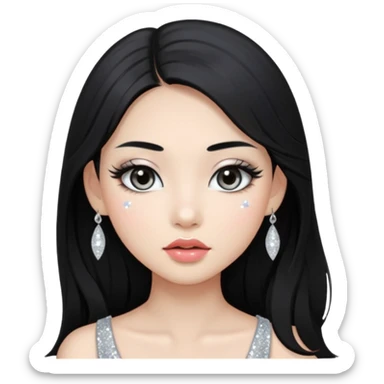 asian long black hair silver grey eyes glossy lips glittery white eyeshadow girl sticker
