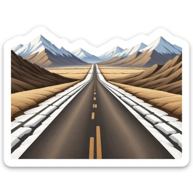 A long STRAIGHT dirt road that disappears into the horizon half way up the screen from the perspective of someone sitting in the middle of the road looking down it. Flat snow fields on both sides of the road with huge looming mountains above the roads horizon line.  sticker