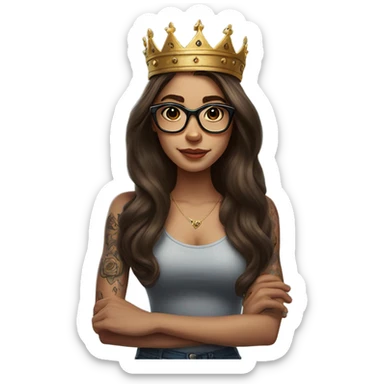 Hyperrealistic beautiful  girl, wearing a crown and glasses, arm tattoos, with long brown hair  sticker