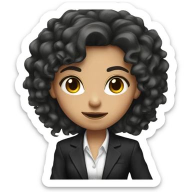 Brunette Girl with long curly hair in black suit with gun sticker