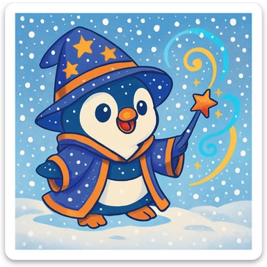 Add falling snowflakes to the scene with the cute penguin wizard and snowy background, keeping the colorful cartoon style. sticker