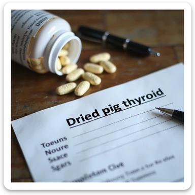 close-up of a medical prescription on a desk, 'Dried pig thyroid' highlighted, next to a pen and a supplement jar, hyperrealistic 4K details sticker