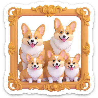 corgi family posing together for a family photo inside a decorative picture frame sticker