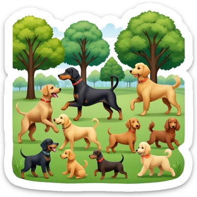 Collage of various dog breeds like Doberman, Poodle, Dachshund, and Golden Retriever, playing in a park with trees and grass. Some dogs run, others sit, all are full of energy and happiness. A joyful, colorful scene with playful expressions. Transparent background. sticker