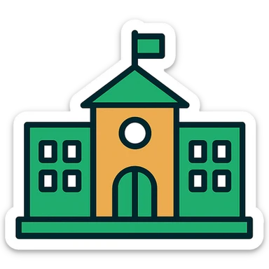 school building, professional style, green gold and white color scheme, bold and clear, suitable for digital use sticker