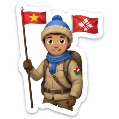 a smiling man on a snowy mountain peak, holding a flag sticker