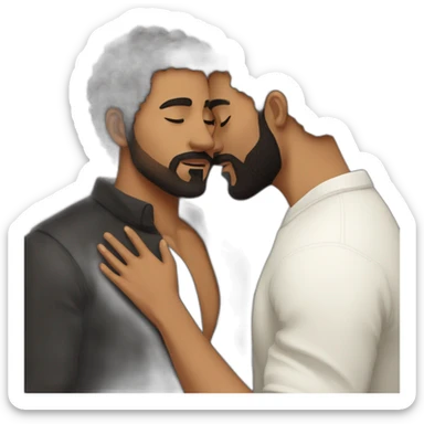 Brown man with a smooth black hair cut fade and a black beard kissing a White woman with long brown curly hair sticker