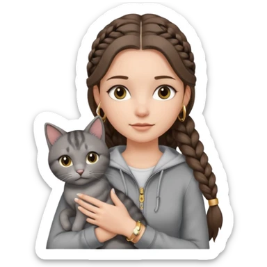 a white girl with long brunette hair in one braid that is over her shoulder. shes holding a grey cat. the girl has long lashes and has on a grey zip up that is half way zipped  and under a white shirt and gold bracelets. sticker