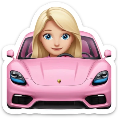 Blonde girl with blue eyes sitting infront of a pink porsche taycan sticker