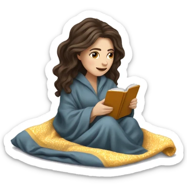 White girl, brunette wavy hair, reading kindle under a blanket sticker