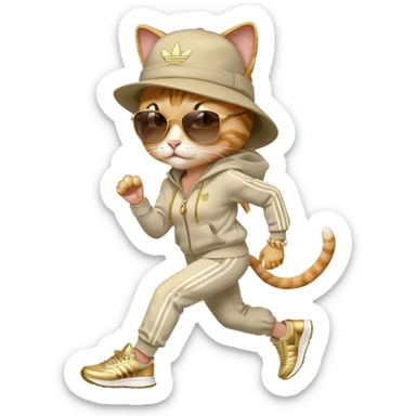 female cat with strong Run DMC hip-hop vibes, bold tracksuit, Adidas sneakers, gold chains, fedora hat, dark sunglasses, jogging upright sticker