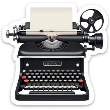 Create an emoji representing screenwriting. The design should feature an open script with visible dialogue and action lines, symbolizing the writing of a screenplay. Include a classic typewriter or a modern writing device, such as a laptop, to signify the process of creating a script. Add a cinema camera next to the script to emphasize the cinematic aspect of screenwriting. Use a professional color palette with black, white, and subtle metallic tones. Do not include any emojis or smiley faces. Make the background transparent. sticker
