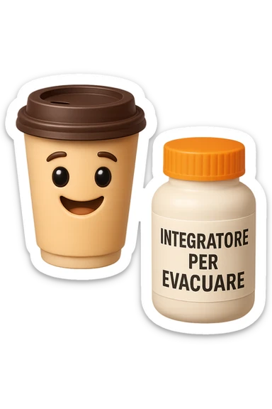 EMOJI STILE IPHONE 3D DI un caffè e di una boccetta di integratore con la scritta "INTEGRATORE PER EVACUARE" SULL'ETICHETTA CHE FLUTTUANO IN ARIA, iperrealistico 4k sticker