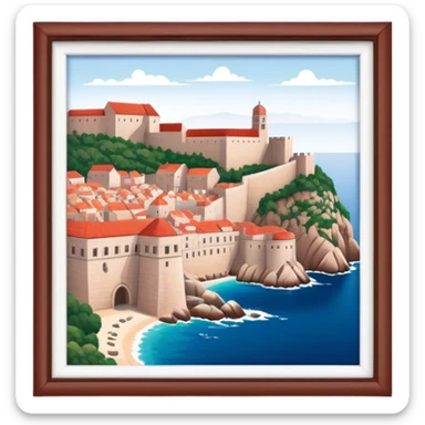 Cinematic Realistic Dubrovnik Landmark Emoji, depicted with historic fortified walls and red‚Äêtiled roofs rendered with intricate detail and dynamic, coastal lighting. sticker