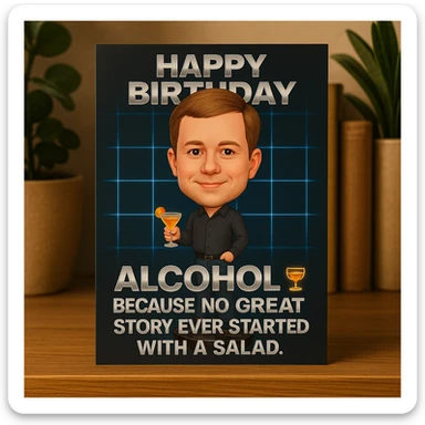 birthday card featuring Dylan as a bobblehead character, minimal neon grid background, one drink icon, bold chrome text with the quote 'Alcohol—because no great story ever started with a salad.', clean limited color palette sticker
