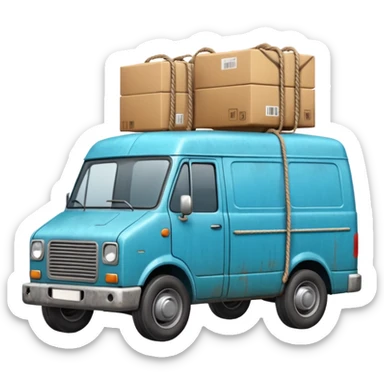 create a realistic emoji of packages wich got stabalised by ropes in a logistic van sticker