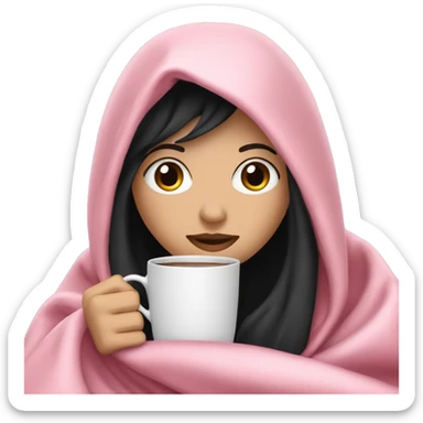 white girl with black straight hair inside a pink blanket sipping coffee eyes closed sticker
