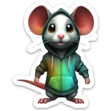 Black red gold green cyan rusty grunge effect scratched patina rat mouse puppy scorpion tail stinger wearing a hoodie 3d render low poly sticker