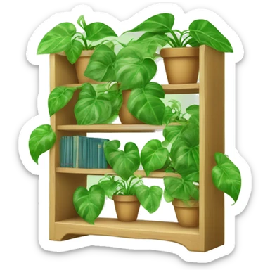 A cute bookshelf with a pothos plants that has heaps of vines of leaves hanging down halfway down the shelf sticker